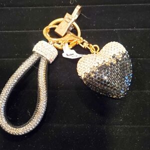 Elegant Silver and Gold Heart Keychain Or Purse Charm Black & Crystal Stones NWT